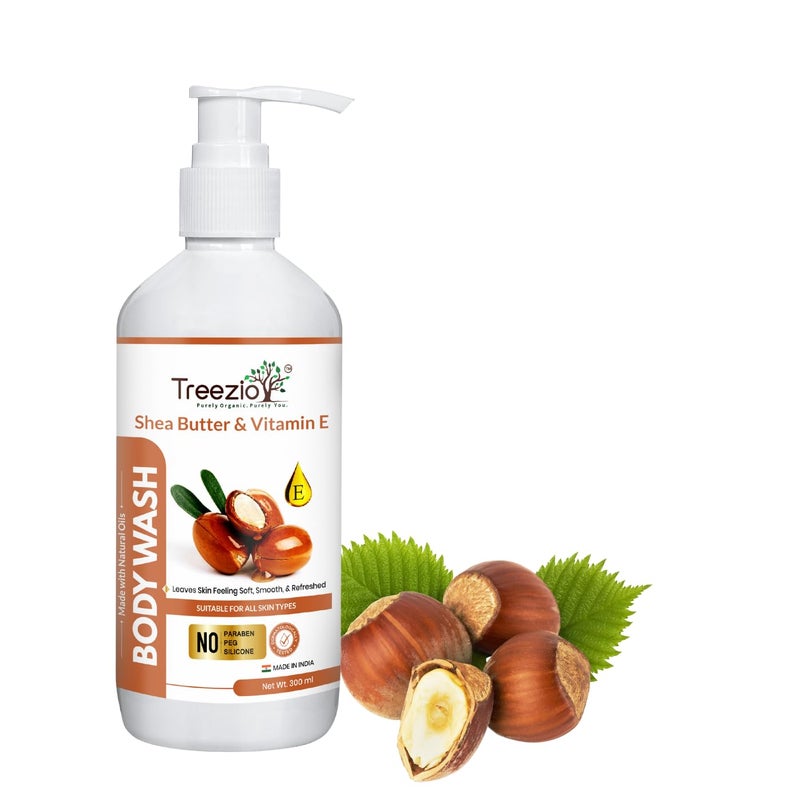 Treezio Shea Butter  Vitamin E Body Wash Gel 300ml  Bodywash for Intense Hydration and Protection  Natural Body Wash for Women  Men  No Paraben and Silicone - Image 1