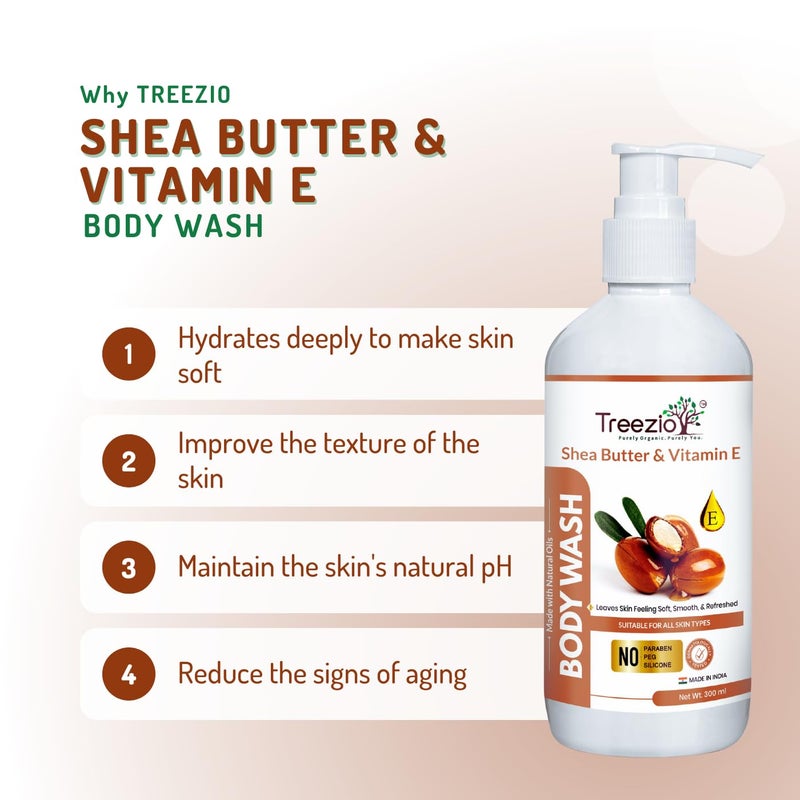 Treezio Shea Butter  Vitamin E Body Wash Gel 300ml  Bodywash for Intense Hydration and Protection  Natural Body Wash for Women  Men  No Paraben and Silicone - Image 2