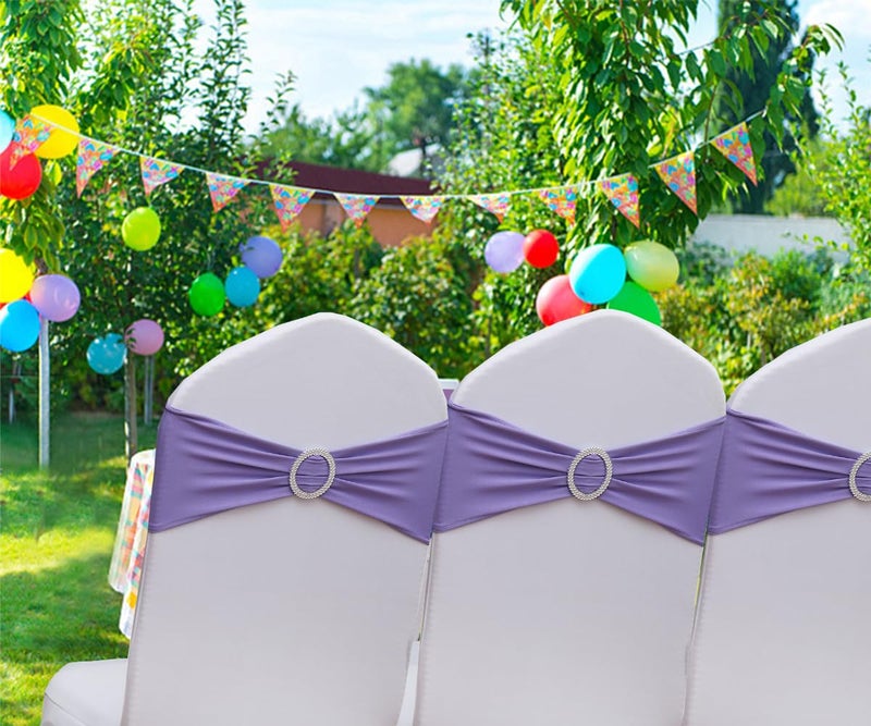 Gankar 50pcs Stretch Spandex Lavender Chair Sashes for Wedding Chair Bands with Buckles  Lavender Chair Bows for Party Banquet Theme Event Decorations (50 Pieces  Lavender) - Image 2