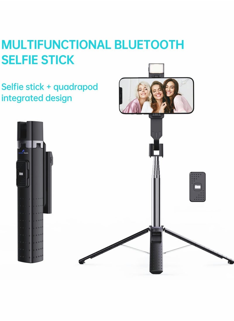 Generic - Selfie Stick, with Fill Light Phone Clip Tripod Quadrupod Wireless Bluetooth Remote Control Selfie Stick, Stainless Steel Expandable Compatible with All Mobile Phones (black) - Image 1