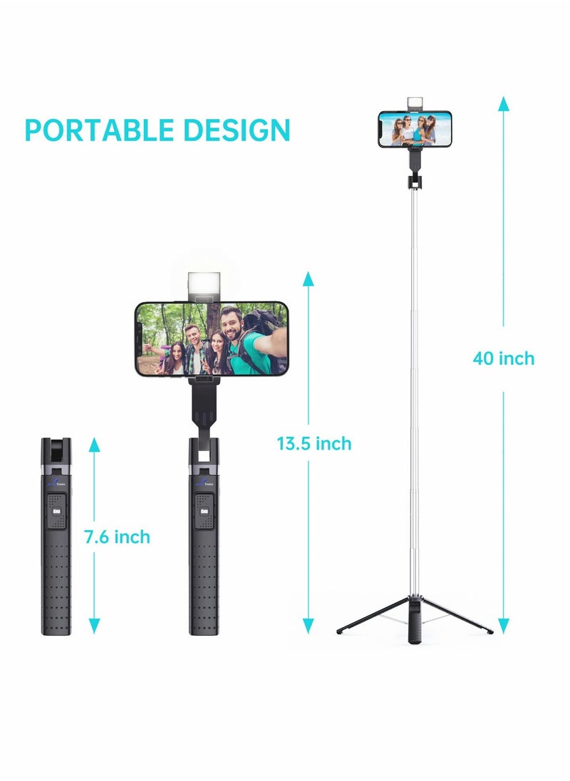 Generic - Selfie Stick, with Fill Light Phone Clip Tripod Quadrupod Wireless Bluetooth Remote Control Selfie Stick, Stainless Steel Expandable Compatible with All Mobile Phones (black) - Image 1