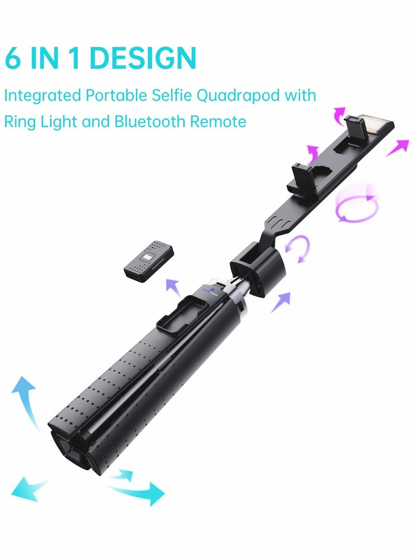 Generic - Selfie Stick, with Fill Light Phone Clip Tripod Quadrupod Wireless Bluetooth Remote Control Selfie Stick, Stainless Steel Expandable Compatible with All Mobile Phones (black) - Image 1