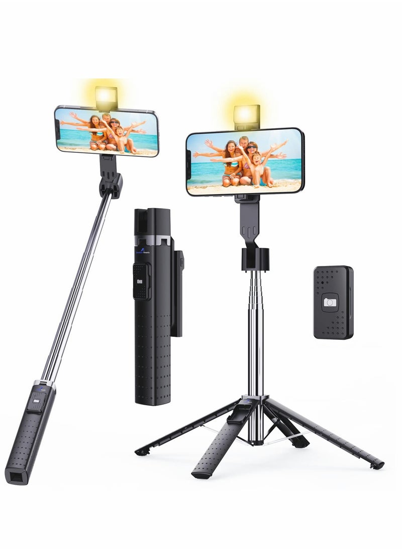 Generic - Selfie Stick, with Fill Light Phone Clip Tripod Quadrupod Wireless Bluetooth Remote Control Selfie Stick, Stainless Steel Expandable Compatible with All Mobile Phones (black) - Image 1