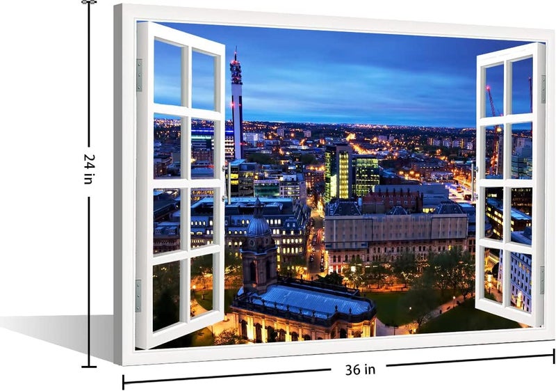 TISHIRON 3D Window View Birmingham Wall Art Decor England City Skyline Panorama Canvas Paintings Canvas Print for Home Living Room Posters Prints Stretched and Framed Ready to Hang - 36" W x 24" H - Image 5