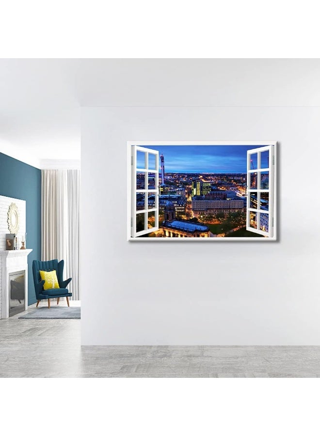 TISHIRON 3D Window View Birmingham Wall Art Decor England City Skyline Panorama Canvas Paintings Canvas Print for Home Living Room Posters Prints Stretched and Framed Ready to Hang - 36" W x 24" H - Image 2