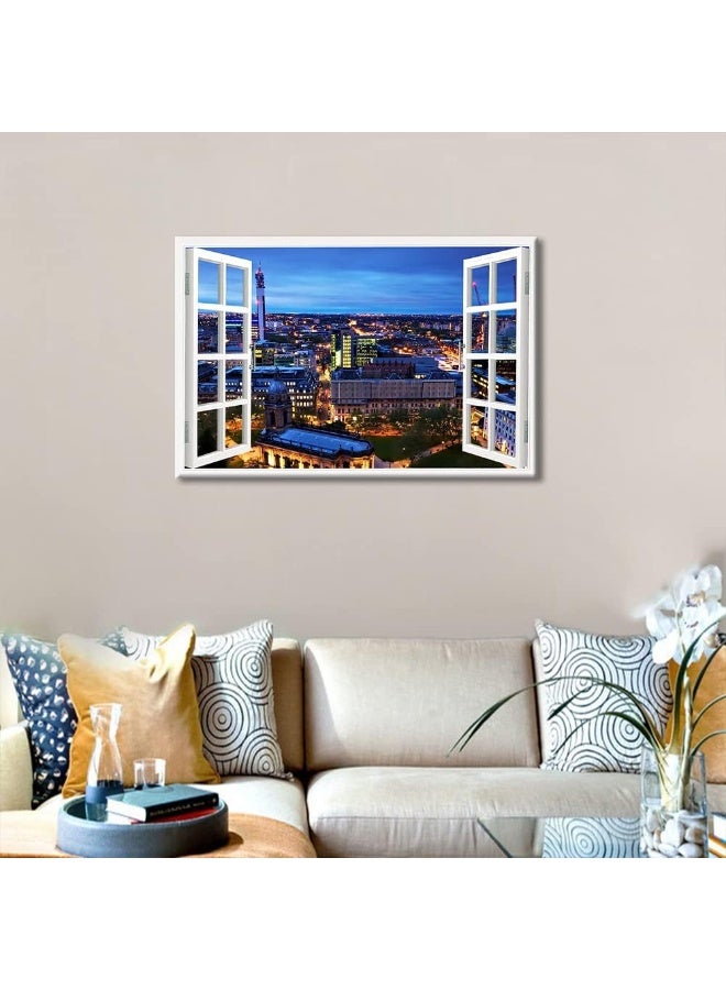 TISHIRON 3D Window View Birmingham Wall Art Decor England City Skyline Panorama Canvas Paintings Canvas Print for Home Living Room Posters Prints Stretched and Framed Ready to Hang - 36" W x 24" H - Image 4