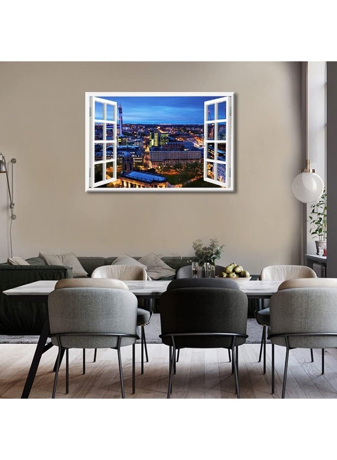 TISHIRON 3D Window View Birmingham Wall Art Decor England City Skyline Panorama Canvas Paintings Canvas Print for Home Living Room Posters Prints Stretched and Framed Ready to Hang - 36" W x 24" H - Image 3