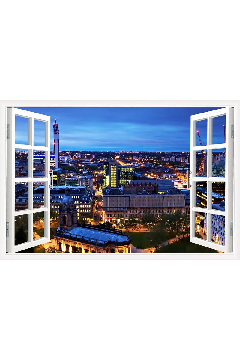 TISHIRON 3D Window View Birmingham Wall Art Decor England City Skyline Panorama Canvas Paintings Canvas Print for Home Living Room Posters Prints Stretched and Framed Ready to Hang - 36" W x 24" H - Image 1