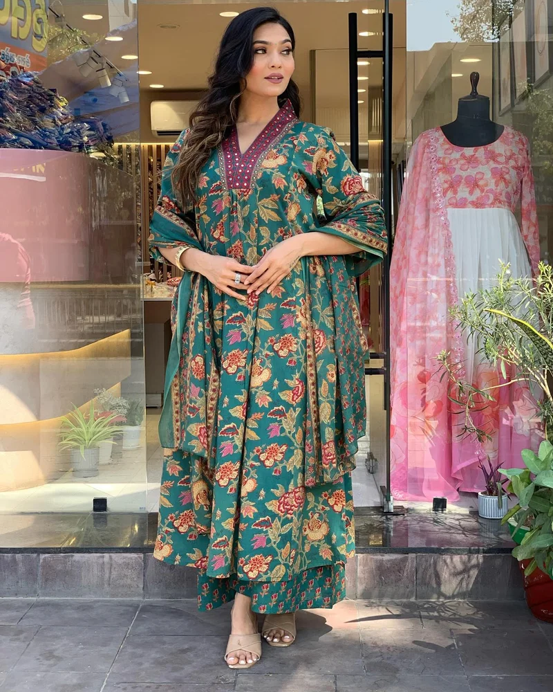 GoSriKi Green GoSriKi Women's Rayon Blend Anarkali Printed Kurta with Palazzo & Dupatta (CIA Green-GS_3XL_Green_XXX-Large) for Women | Best Price UAE