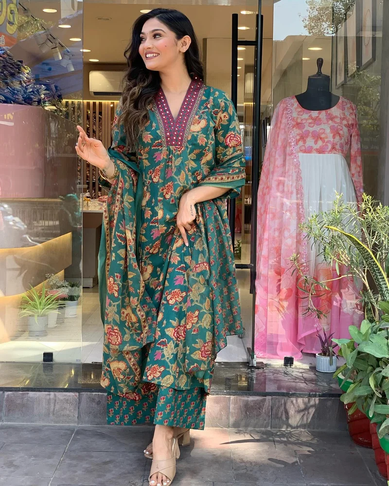 GoSriKi Green GoSriKi Women's Rayon Blend Anarkali Printed Kurta with Palazzo & Dupatta (CIA Green-GS_3XL_Green_XXX-Large) for Women | Best Price UAE