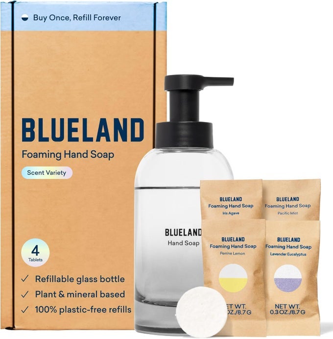 HAND SOAP STARTER SET SLATE, 1 REFILLABLE GLASS FOAMING HAND SOAP DISPENSER WITH 4 REFILL TABLETS, IRIS AGAVE SCENT, 4 X 9 FL OZ