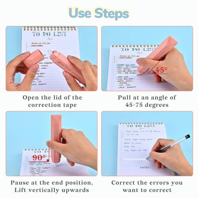 Temiary 5 Pcs White Correction Tapes, Aesthetic Correction Tape Pens Smooth Pull Out, Easy to Use Pen Shaped Applicator for Students School Office Supplies (Pink) - Image 4