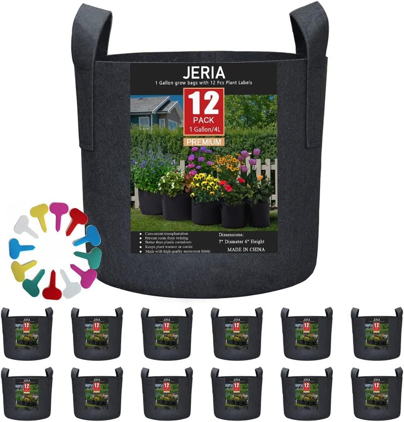 JERIA 12-Pack 1 Gallon, Vegetable/Flower/Plant Grow Bags, Aeration Fabric Pots with Handles (Black), Come with 12 Pcs Plant Labels - Image 1