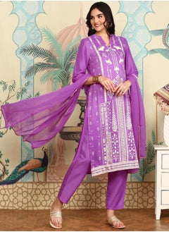 Women's Lilac Chiffon Printed Tunic Full Length Casual Regular Fit Kurta Set