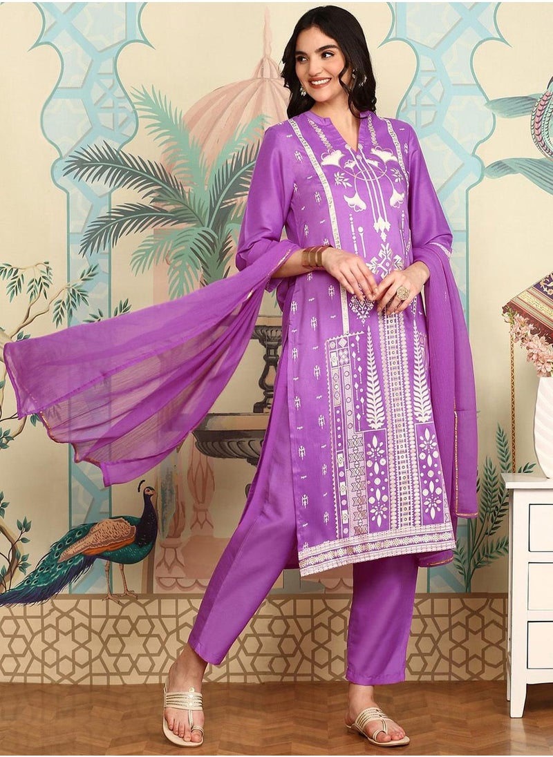 ISHIN Women's Lilac Chiffon Printed Tunic Full Length Casual Regular Fit Kurta Set  - Image 1
