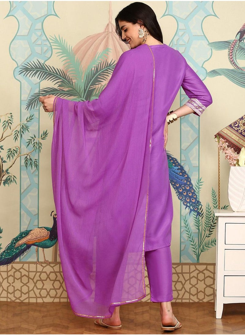 ISHIN - Women's Lilac Chiffon Printed Tunic Full Length Casual Regular Fit Kurta Set - Image 1