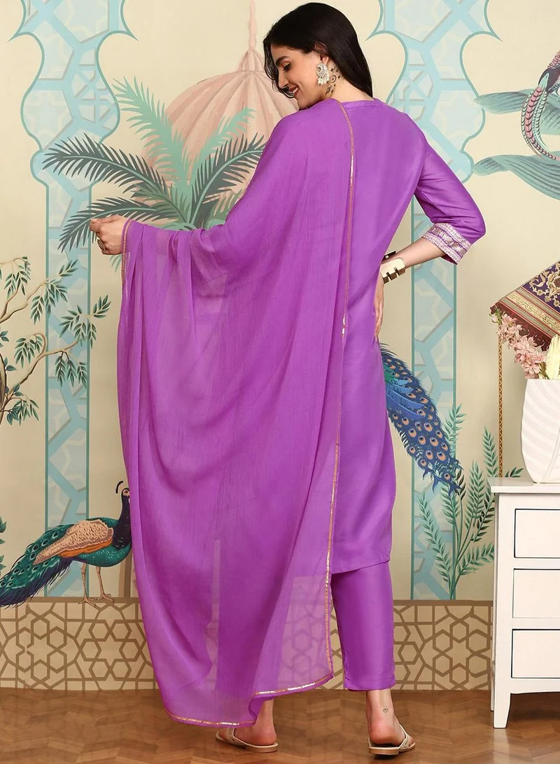 ISHIN Women's Lilac Chiffon Printed Tunic Full Length Casual Regular Fit Kurta Set