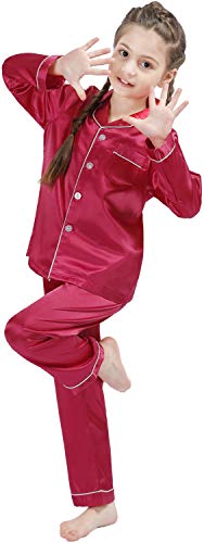 OEIU Children Kid Silky Satin Pajamas Set for Girls Boys pj Set Sleepwear Button-up Lounge Sets Nightwear Wine Red 170 - Image 2