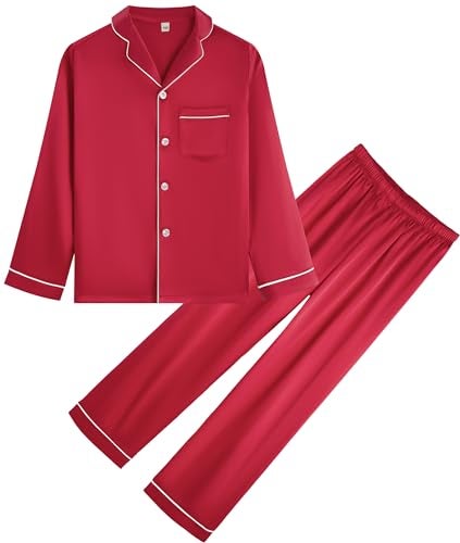 OEIU Children Kid Silky Satin Pajamas Set for Girls Boys pj Set Sleepwear Button-up Lounge Sets Nightwear Wine Red 170 - Image 1