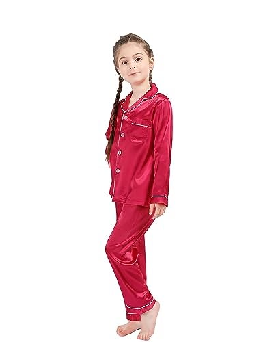 OEIU Children Kid Silky Satin Pajamas Set for Girls Boys pj Set Sleepwear Button-up Lounge Sets Nightwear Wine Red 170 - Image 4