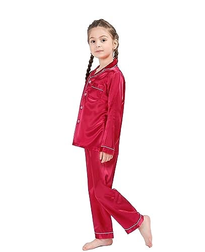 OEIU Children Kid Silky Satin Pajamas Set for Girls Boys pj Set Sleepwear Button-up Lounge Sets Nightwear Wine Red 170 - Image 3