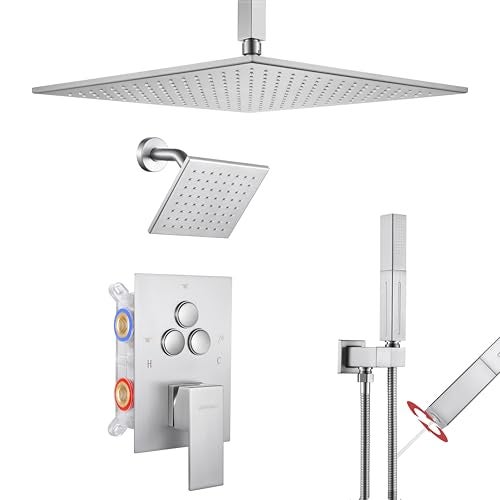 VANFOXLE Shower Faucet Set Brushed Nickel Shower System,Push Button Diverter Shower Faucet with 2 in 1 Handheld,Ceiling Mount Increased Thickness 12 Inch Shower Head with 6 Inch Wall Mount Shower Head - Image 1