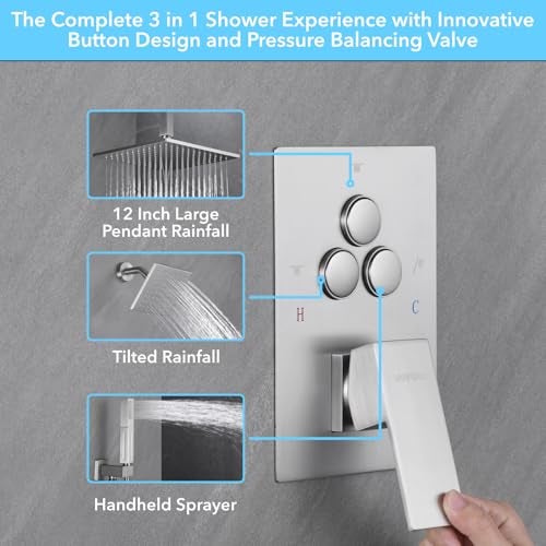 VANFOXLE Shower Faucet Set Brushed Nickel Shower System,Push Button Diverter Shower Faucet with 2 in 1 Handheld,Ceiling Mount Increased Thickness 12 Inch Shower Head with 6 Inch Wall Mount Shower Head - Image 4