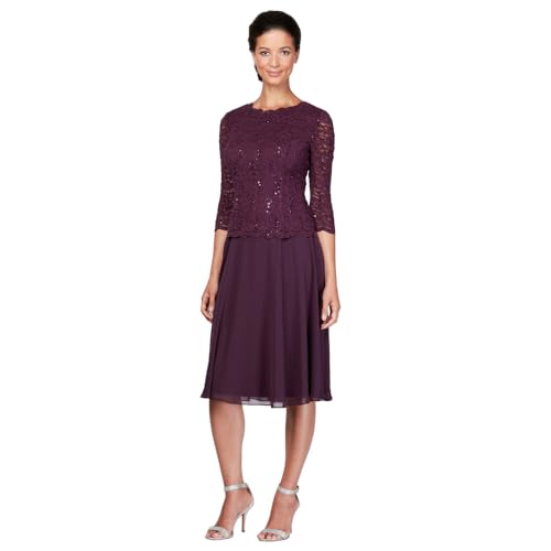 Alex Evenings Womens Tea Length Embroidered Bodice Mother of The Bride Gown Wedding Guest Dress Deep Plum 14 - Image 1