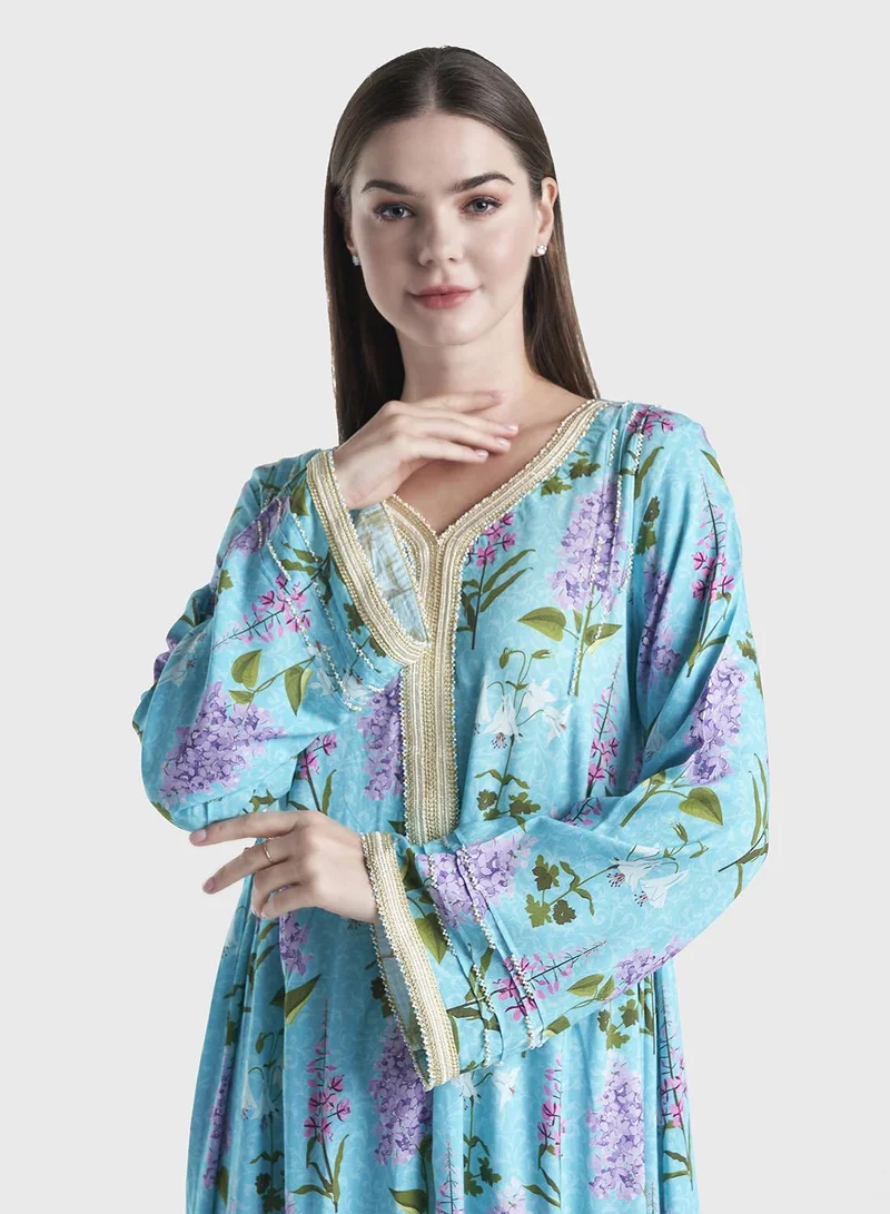 KASHKHA Rayon Garden Print Moroccan Crochet Lace Jalabiya (VG2737)