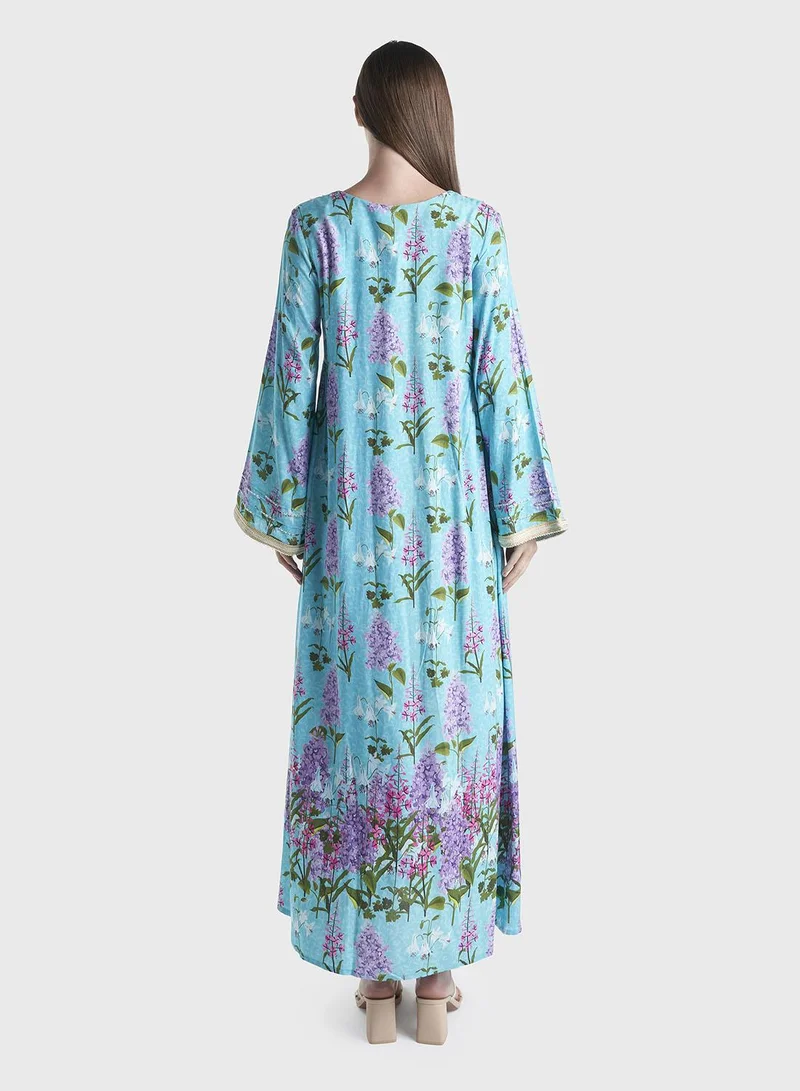 KASHKHA Rayon Garden Print Moroccan Crochet Lace Jalabiya (VG2737)