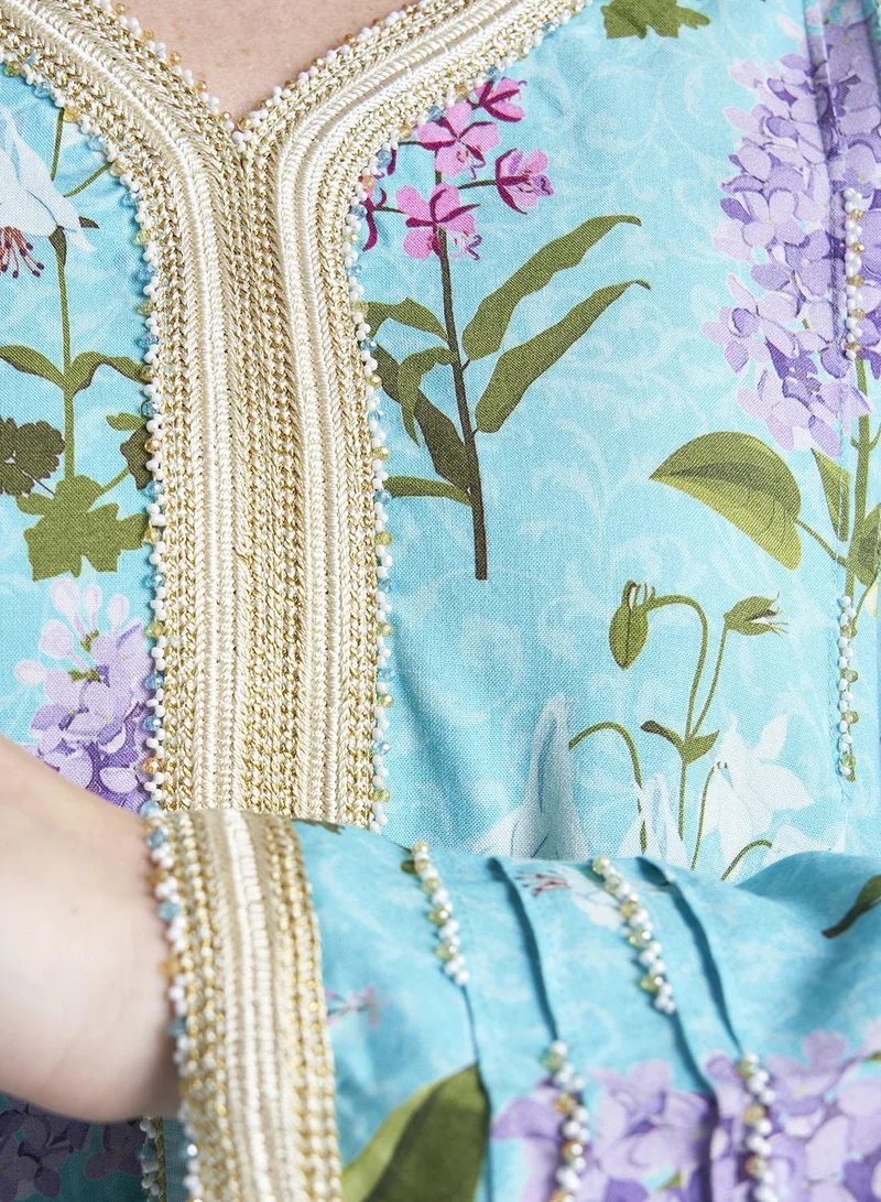 KASHKHA Rayon Garden Print Moroccan Crochet Lace Jalabiya (VG2737)