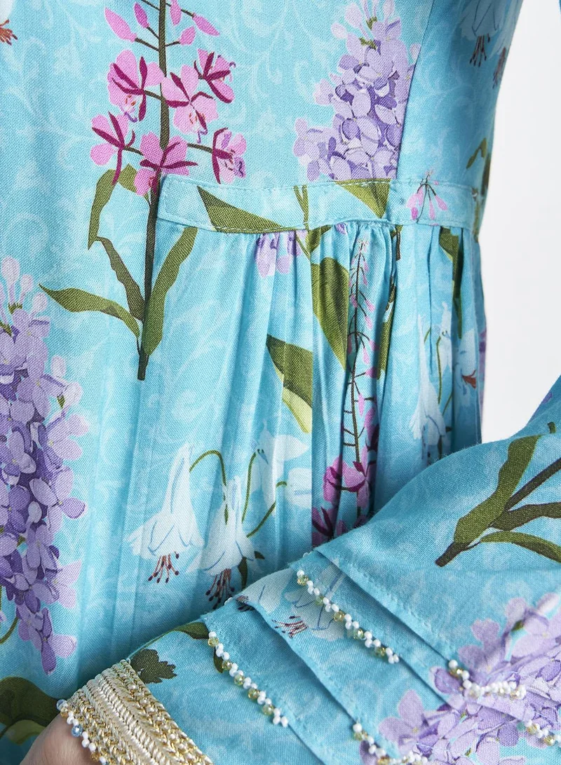 KASHKHA Rayon Garden Print Moroccan Crochet Lace Jalabiya (VG2737)