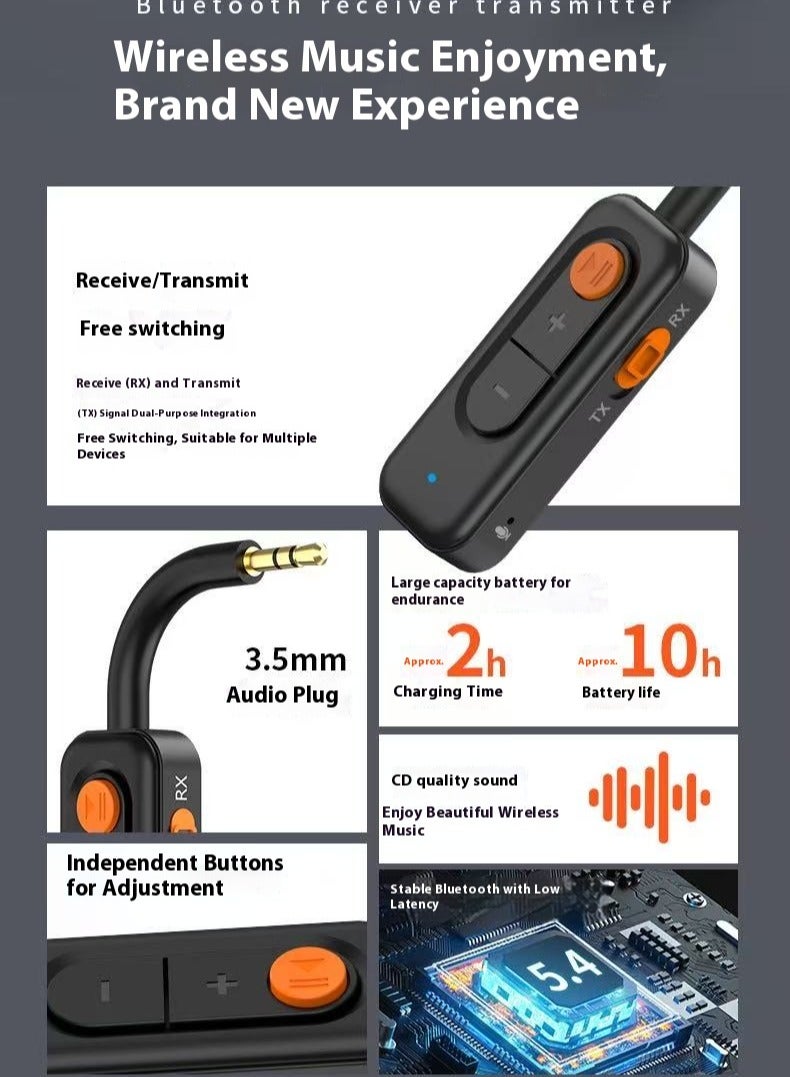 Bluetooth 5.4 Audio Adapter 2-in-1 Wireless Receiver Transmitter AUX Converter for Car, TV, Earphones, Speakers, Airplane - Image 3