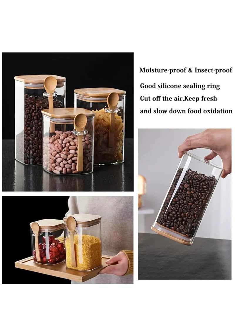 1Chase Borosilicate Glass Storage Jar with Bamboo Lid and Spoon (Set of 3) 1000ML