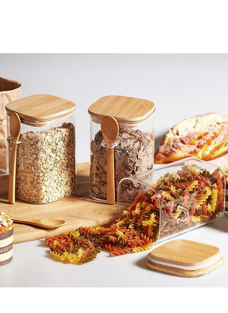 1Chase Borosilicate Glass Storage Jar with Bamboo Lid and Spoon (Set of 3) 1000ML