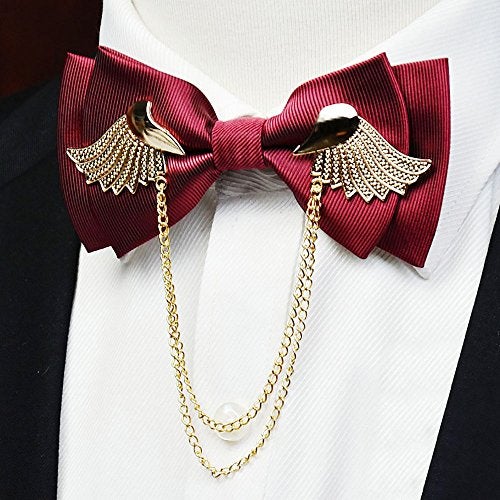 Manoble Men’s Tuxedo Adjustable Metal Gold Wings Two Layer Neck Bowtie Bow Tie (Wine Red) - Image 2