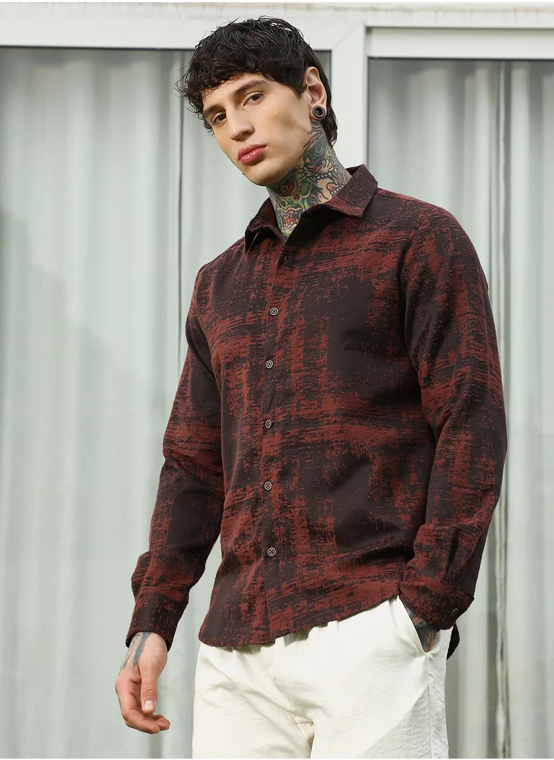 كامبوس سوترا Men's Burgundy Abstract Pattern Full Sleeve Shirt