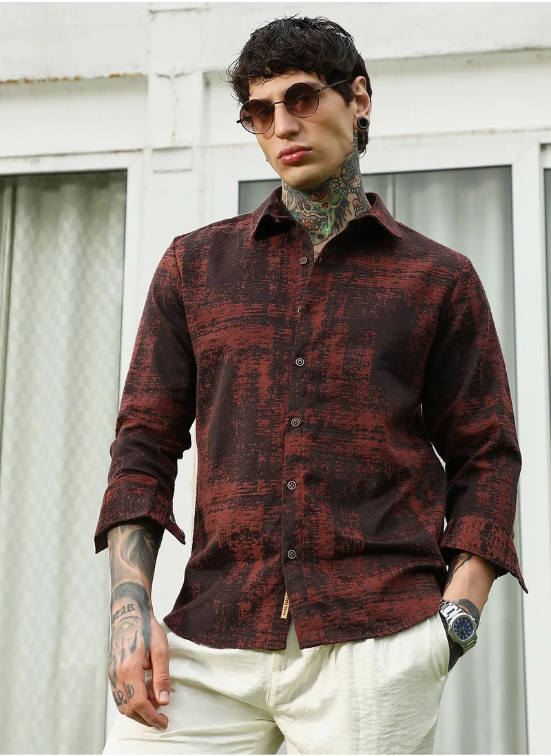 كامبوس سوترا Men's Burgundy Abstract Pattern Full Sleeve Shirt