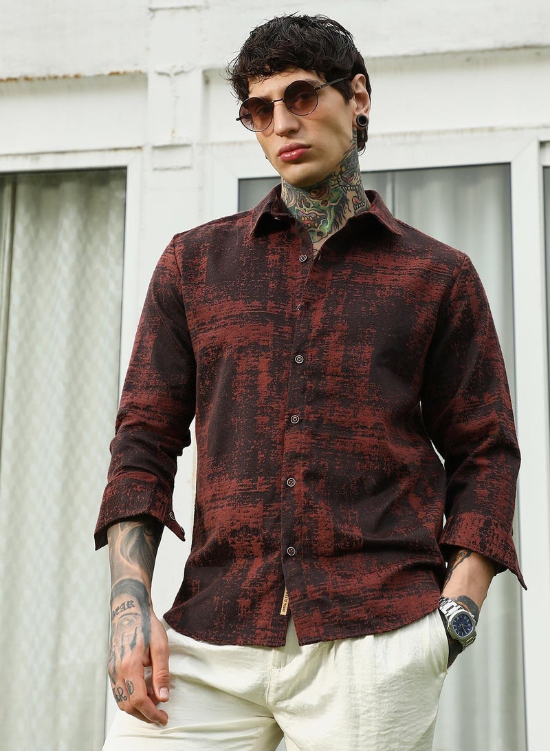 Campus Sutra Men's Burgundy Abstract Pattern Full Sleeve Shirt  - Image 1