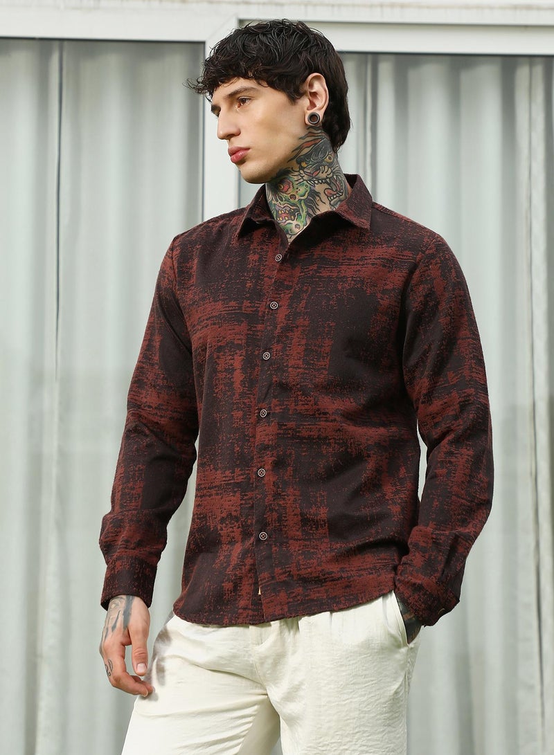 Campus Sutra Men's Burgundy Abstract Pattern Full Sleeve Shirt  - Image 3