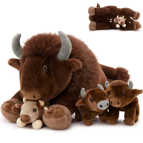 MorisMos 4Pcs Bison Stuffed Animal 18inch Bison Mommy with 3 Baby Plush Toy Soft Buffalo Wild Stuffed Animals Gift for Kids Boys Girls - Image 1