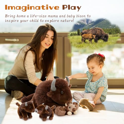 MorisMos 4Pcs Bison Stuffed Animal 18inch Bison Mommy with 3 Baby Plush Toy Soft Buffalo Wild Stuffed Animals Gift for Kids Boys Girls - Image 3