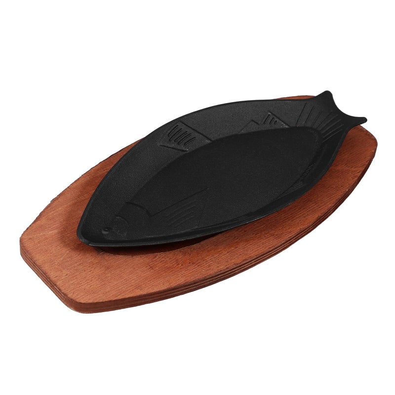 DOITOOL Cast Iron Fish Pan Cast Iron Skillet with Wooden Base Fish Shaped Pan Steak Plate Small Frying Grill Seafood Skillet for Restaurant Home Kitchen Cooking