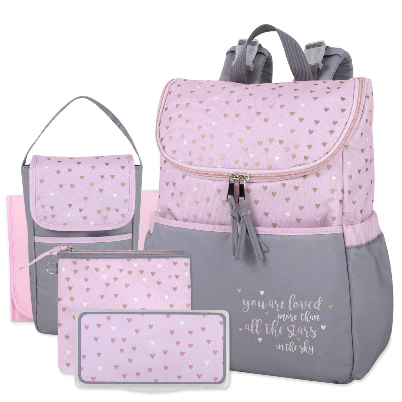 Baby Essentials Diaper Bag Backpack 5 Piece Set with Sun, Moon, and Stars, Wipes Pocket, Stroller Straps, Dirty Diaper Pouch, Changing Pad (Grey/Blue Backpack)