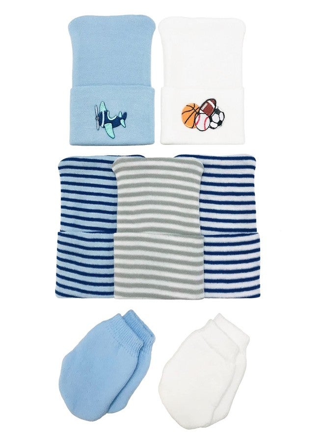Nurses Choice 7 Piece Newborn Baby Boy Hospital Hat and Mitten Set, Ribbed Knit Infant Beanie, No-Scratch Cotton Gloves, Airplane Sports Theme, Blue/Grey - Image 1