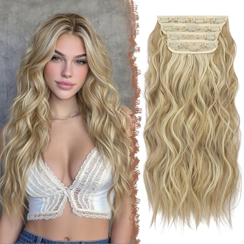 FESHFEN Clip in Hair Extensions 4 PCS Long Wavy Thick Highlighted Clip in Hairpieces Synthetic Hair Extension for Women Dirty Blonde 20 Inch - Image 2