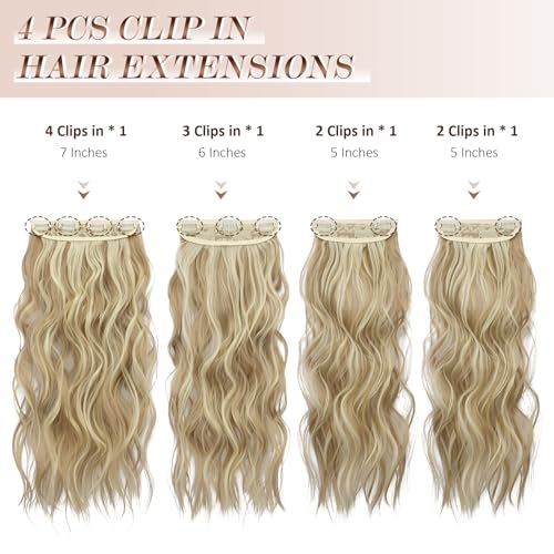 FESHFEN Clip in Hair Extensions 4 PCS Long Wavy Thick Highlighted Clip in Hairpieces Synthetic Hair Extension for Women Dirty Blonde 20 Inch - Image 5