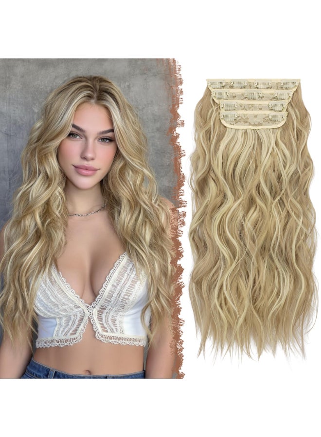 FESHFEN Clip in Hair Extensions 4 PCS Long Wavy Thick Highlighted Clip in Hairpieces Synthetic Hair Extension for Women Dirty Blonde 20 Inch - Image 3
