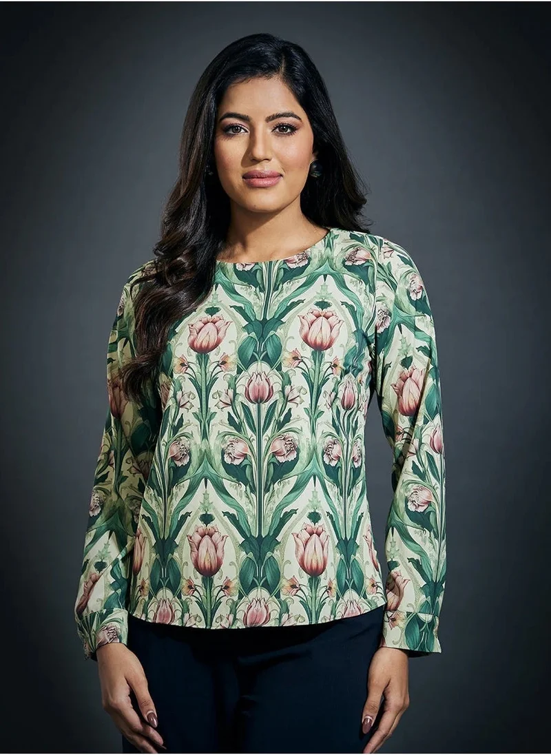 Zigzag Scoop Neck Long Sleeve Printed Top