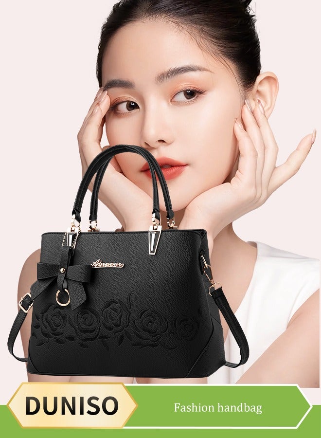 DUNISO Women's handbag, PU leather shoulder bag, large capacity crossbody bag, with detachable shoulder strap and top handle, embroidered design and bow decoration, suitable for shopping, work, dating, travel - Image 1